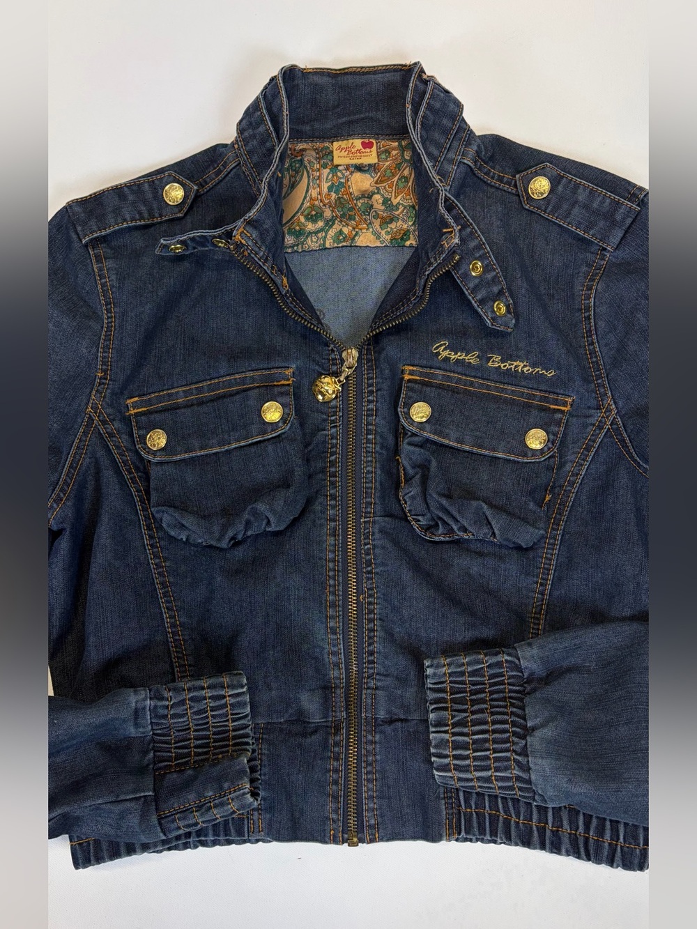 Apple Bottoms Y2K Denim Cropped Zip Jacket Smocked Waist Size Medium